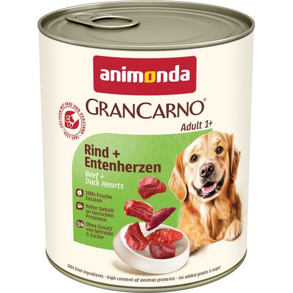 animonda GranCarno Hunde Nassfutter mit Rind + Entenherzen (6 x 800 g), getreidefreies Hundenassfutter ohne Zucker, für ausgewachsene Hunde, mit frischen fleischigen Zutaten