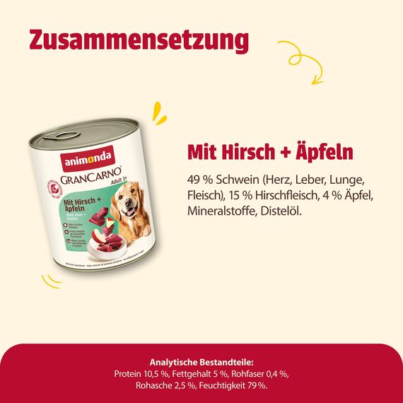 animonda GranCarno Hunde Nassfutter mit Hirsch + Äpfeln (6 x 800 g), getreidefreies Hundenassfutter ohne Zucker, für ausgewachsene Hunde, mit frischen fleischigen Zutaten