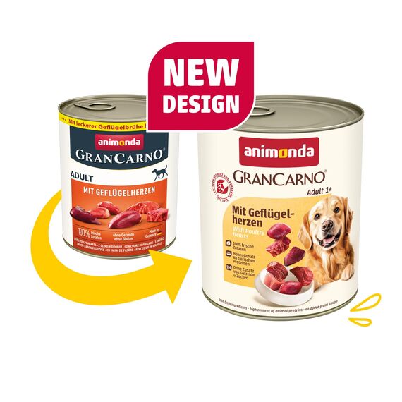 animonda GranCarno Hunde Nassfutter mit Geflügelherzen (6 x 800 g), getreidefreies Hundenassfutter ohne Zucker, für ausgewachsene Hunde, mit frischen fleischigen Zutaten