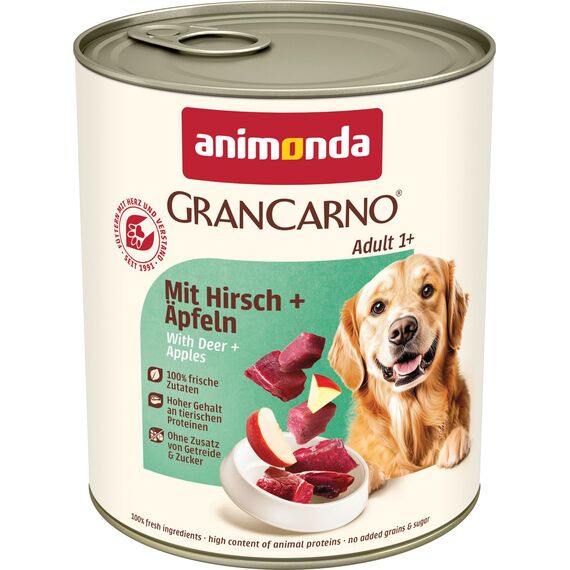 animonda GranCarno Hunde Nassfutter mit Hirsch + Äpfeln (6 x 800 g), getreidefreies Hundenassfutter ohne Zucker, für ausgewachsene Hunde, mit frischen fleischigen Zutaten