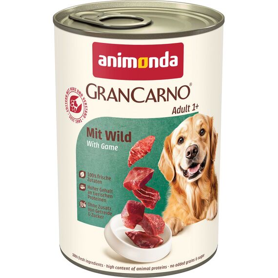 animonda GranCarno Hunde Nassfutter mit Wild (6 x 400 g), getreidefreies Hundenassfutter ohne Zucker, für ausgewachsene Hunde, mit frischen fleischigen Zutaten