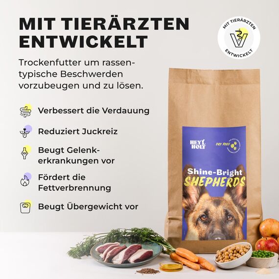 HEY HOLY Premium Trockenfutter für Schäferhunde 100% getreidefrei | 14kg hypoallergenes Hundefutter für ausgewachsene Schäferhunde mit Ente | Hochverträglich aus natürlichen Zutaten