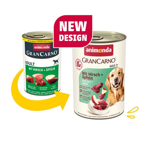 animonda GranCarno Hunde Nassfutter mit Hirsch + Äpfeln (6 x 400 g), getreidefreies Hundenassfutter ohne Zucker, für ausgewachsene Hunde, mit frischen fleischigen Zutaten