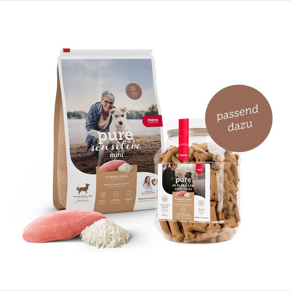 MERA Pure Sensitive Mini Truthahn & Reis, Hundefutter trocken für kleine und Sensible Hunde, Trockenfutter aus Truthahn und Reis, kleine Kroketten ohne Weizen und Zucker (4 kg)