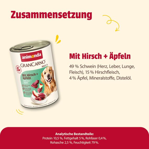 animonda GranCarno Hunde Nassfutter mit Hirsch + Äpfeln (6 x 400 g), getreidefreies Hundenassfutter ohne Zucker, für ausgewachsene Hunde, mit frischen fleischigen Zutaten