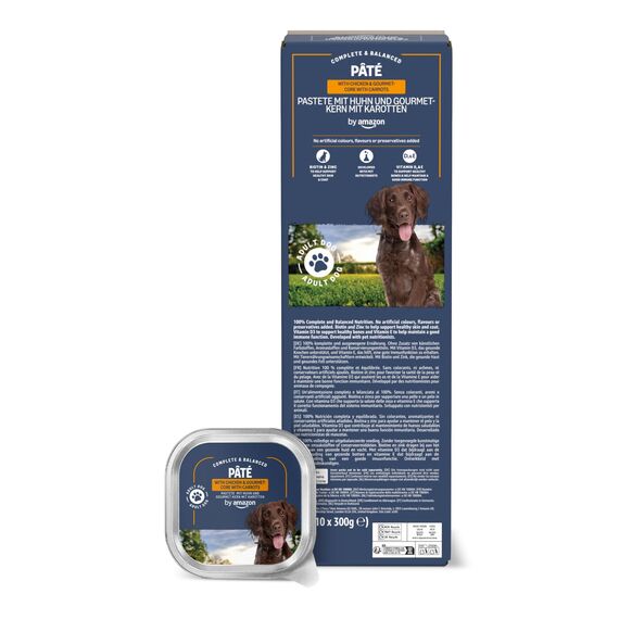 by Amazon Nassfutter für Hunde, Pastete mit Hühnchen und Gourmet-Kern mit Karotten und Nudeln, 300g, 10er-Pack