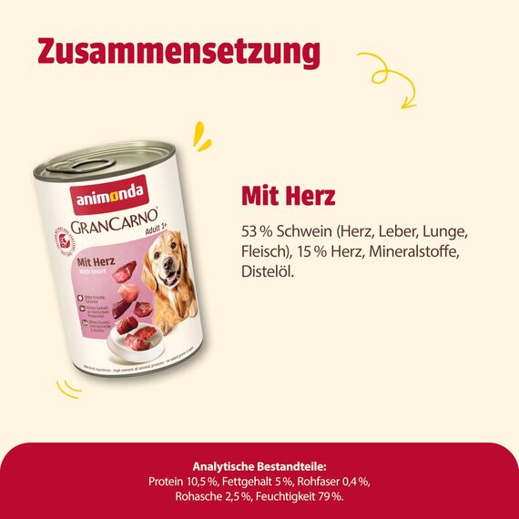 animonda GranCarno Hunde Nassfutter mit Herz (6 x 400 g), getreidefreies Hundenassfutter ohne Zucker, für ausgewachsene Hunde, mit frischen fleischigen Zutaten