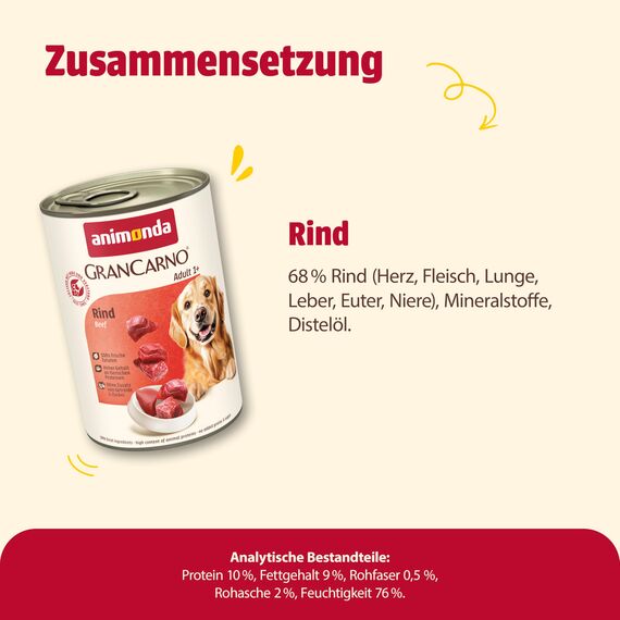 animonda GranCarno Hunde Nassfutter mit Rind pur (6 x 400 g), getreidefreies Hundenassfutter ohne Zucker, für ausgewachsene Hunde, mit frischen fleischigen Zutaten