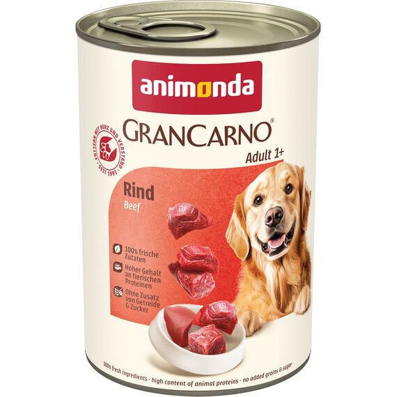 animonda GranCarno Hunde Nassfutter mit Rind pur (6 x 400 g), getreidefreies Hundenassfutter ohne Zucker, für ausgewachsene Hunde, mit frischen fleischigen Zutaten