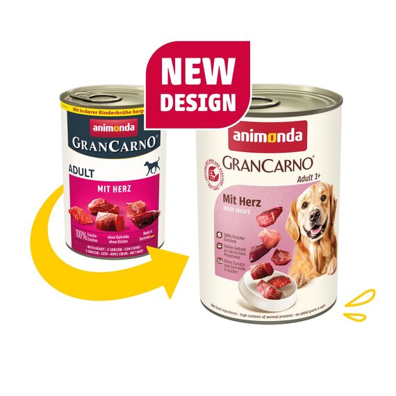 animonda GranCarno Hunde Nassfutter mit Herz (6 x 400 g), getreidefreies Hundenassfutter ohne Zucker, für ausgewachsene Hunde, mit frischen fleischigen Zutaten