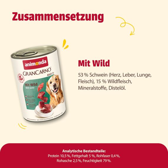 animonda GranCarno Hunde Nassfutter mit Wild (6 x 400 g), getreidefreies Hundenassfutter ohne Zucker, für ausgewachsene Hunde, mit frischen fleischigen Zutaten