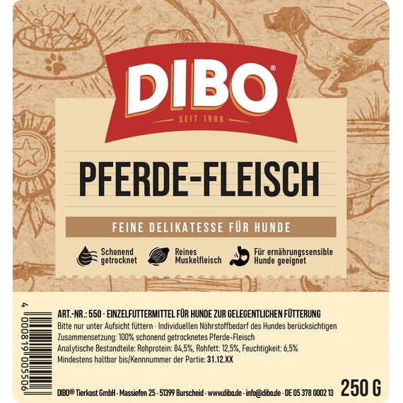 DIBO Pferde-Fleisch, 250g-Beutel, der kleine Naturkau-Snack oder Leckerli für Zwischendurch, Hundefutter, Qualitätskauartikel ohne Chemie