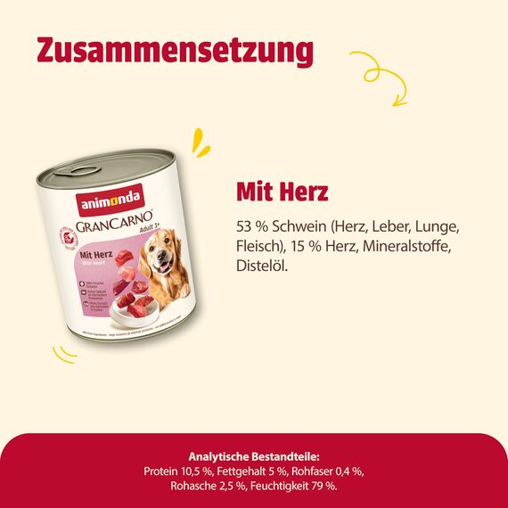 animonda GranCarno Hunde Nassfutter mit Herz (6 x 800 g), getreidefreies Hundenassfutter ohne Zucker, für ausgewachsene Hunde, mit frischen fleischigen Zutaten