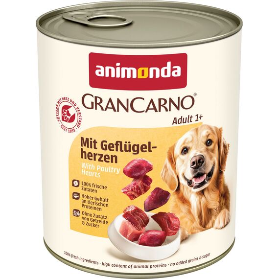 animonda GranCarno Hunde Nassfutter mit Geflügelherzen (6 x 800 g), getreidefreies Hundenassfutter ohne Zucker, für ausgewachsene Hunde, mit frischen fleischigen Zutaten