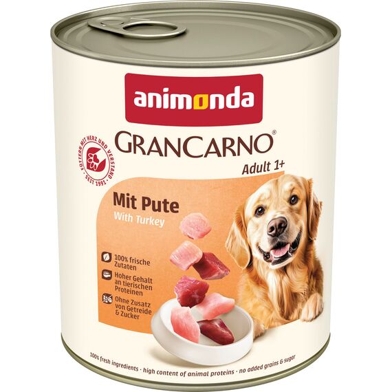 animonda GranCarno Hunde Nassfutter mit Pute (6 x 800 g), getreidefreies Hundenassfutter ohne Zucker, für ausgewachsene Hunde, mit frischen fleischigen Zutaten