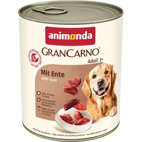 animonda GranCarno Hunde Nassfutter mit Ente (6 x 800 g), getreidefreies Hundenassfutter ohne Zucker, für ausgewachsene Hunde, mit frischen fleischigen Zutaten