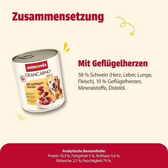 animonda GranCarno Hunde Nassfutter mit Geflügelherzen (6 x 800 g), getreidefreies Hundenassfutter ohne Zucker, für ausgewachsene Hunde, mit frischen fleischigen Zutaten