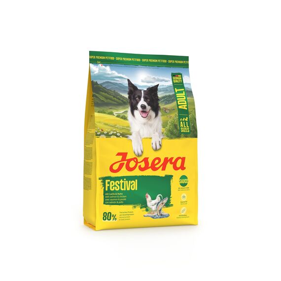 JOSERA Adult Festival Lachs & Huhn (1 x 3 kg) | Premium Trockenfutter für ausgewachsene wählerische aktive Hunde | energiereich | leckerer Soßenmantel - auch zum Einweichen | glutenfrei | 1er Pack