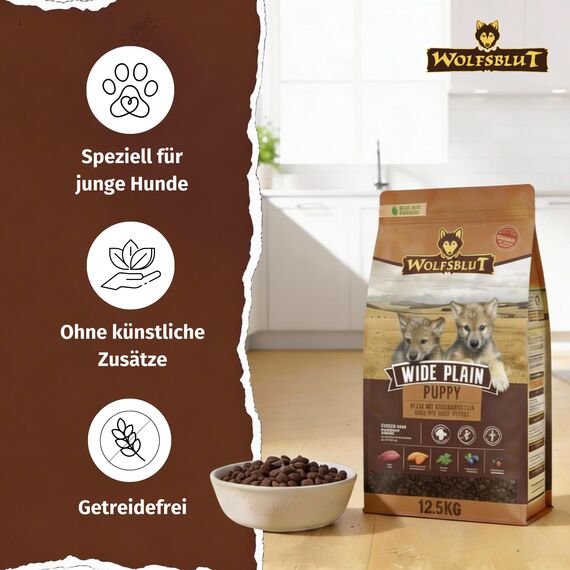WOLFSBLUT – Wide Plain Puppy | Trockenfutter mit natürlichen Zutaten und wertvollen Superfoods für heranwachsende Hunde. Getreidefreies Alleinfutter ohne Zusatzstoffe im Beutel | 12,5kg Pferd