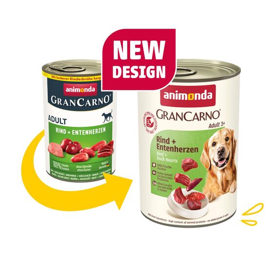 animonda GranCarno Hunde Nassfutter mit Rind + Entenherzen (6 x 400 g), getreidefreies Hundenassfutter ohne Zucker, für ausgewachsene Hunde, mit frischen fleischigen Zutaten