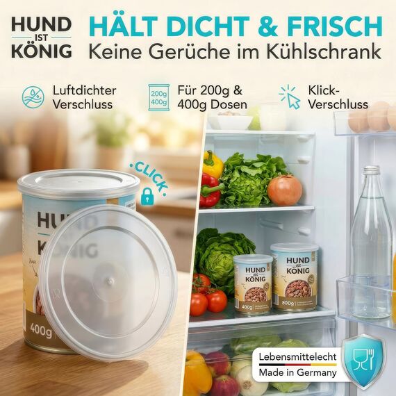 HUND IST KÖNIG Dosendeckel für Tierfutter (3 Stück) - Robuste Deckel für Katzen & Hundefutter Dosen - Tierfutter bleibt lange frisch Dosen schließen Gerüche ein - 400g / 200g Dosendeckel