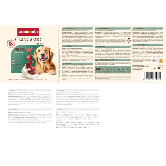 animonda GranCarno Hunde Nassfutter mit Wild (6 x 800 g), getreidefreies Hundenassfutter ohne Zucker, für ausgewachsene Hunde, mit frischen fleischigen Zutaten