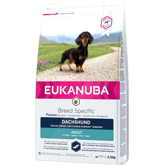 Eukanuba Breed Specific Dackel Trockenfutter - optimal auf die Rasse abgestimmtes Premium Hundefutter mit Huhn, 2,5 kg