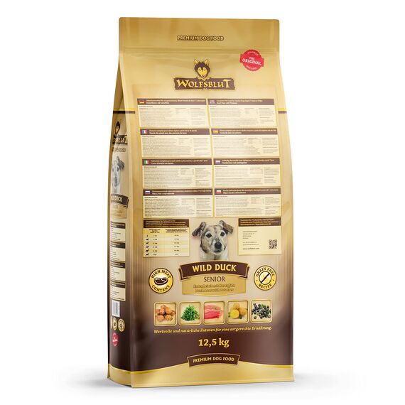 WOLFSBLUT – Wild Duck Senior | Trockenfutter mit natürlichen Zutaten und Superfoods für ältere Hunde. Getreidefreies Alleinfutter ohne Zusatzstoffe im Beutel | 12,5kg Ente