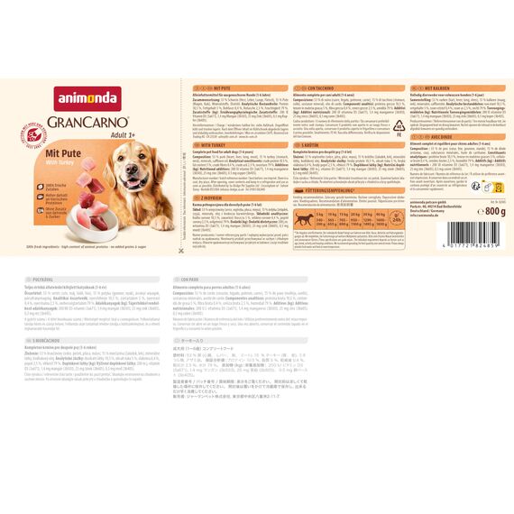 animonda GranCarno Hunde Nassfutter mit Pute (6 x 800 g), getreidefreies Hundenassfutter ohne Zucker, für ausgewachsene Hunde, mit frischen fleischigen Zutaten