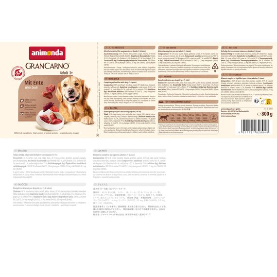 animonda GranCarno Hunde Nassfutter mit Ente (6 x 800 g), getreidefreies Hundenassfutter ohne Zucker, für ausgewachsene Hunde, mit frischen fleischigen Zutaten
