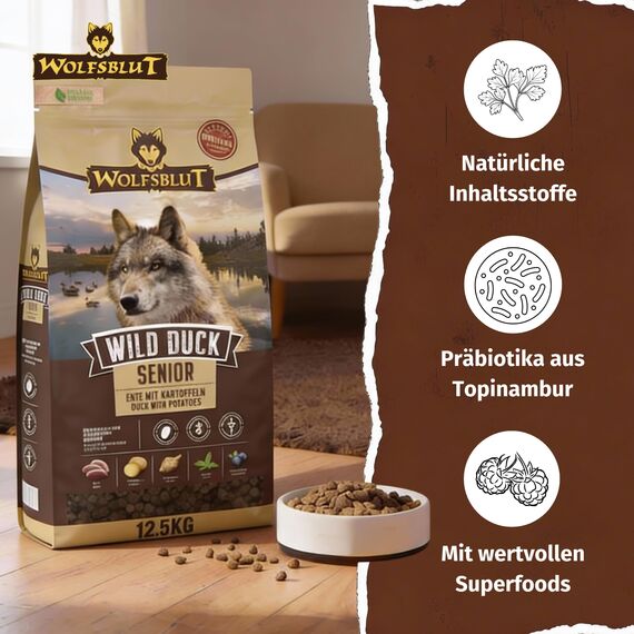 WOLFSBLUT – Wild Duck Senior | Trockenfutter mit natürlichen Zutaten und Superfoods für ältere Hunde. Getreidefreies Alleinfutter ohne Zusatzstoffe im Beutel | 12,5kg Ente