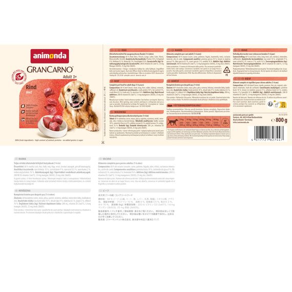 animonda GranCarno Adult Rind (6 x 800 g), Hundenassfutter für ausgewachsene Tiere, Nassfutter für Hunde mit 100 % frischen, fleischlichen Zutaten, Hundefutter ohne Getreide