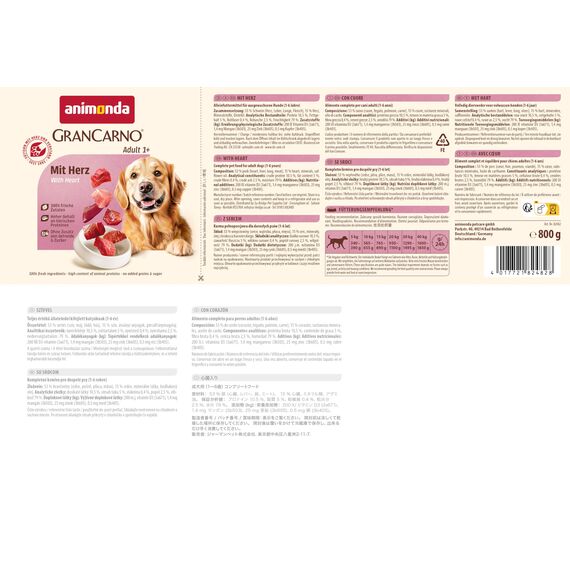 animonda GranCarno Hunde Nassfutter mit Herz (6 x 800 g), getreidefreies Hundenassfutter ohne Zucker, für ausgewachsene Hunde, mit frischen fleischigen Zutaten