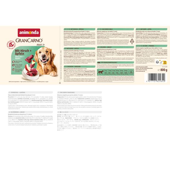 animonda GranCarno Hunde Nassfutter mit Hirsch + Äpfeln (6 x 800 g), getreidefreies Hundenassfutter ohne Zucker, für ausgewachsene Hunde, mit frischen fleischigen Zutaten