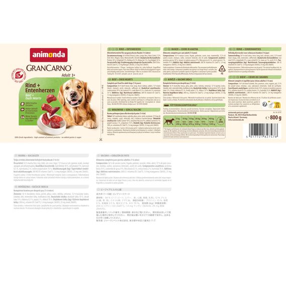 animonda GranCarno Hunde Nassfutter mit Rind + Entenherzen (6 x 800 g), getreidefreies Hundenassfutter ohne Zucker, für ausgewachsene Hunde, mit frischen fleischigen Zutaten
