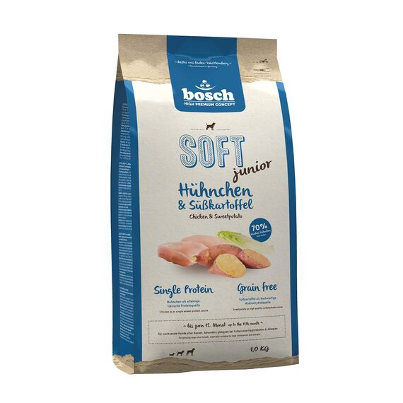 bosch HPC SOFT Junior Hühnchen & Süßkartoffel | habfeuchtes Hundefutter für wachsende Hunde aller Rassen | Single Protein | Grain Free, 5 x 1 kg