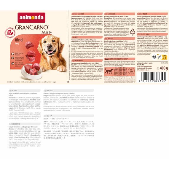 animonda GranCarno Hunde Nassfutter mit Rind pur (6 x 400 g), getreidefreies Hundenassfutter ohne Zucker, für ausgewachsene Hunde, mit frischen fleischigen Zutaten