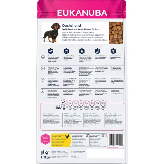Eukanuba Breed Specific Dackel Trockenfutter - optimal auf die Rasse abgestimmtes Premium Hundefutter mit Huhn, 2,5 kg