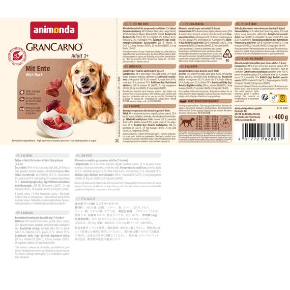 animonda GranCarno Hunde Nassfutter mit Ente (6 x 400g), getreidefreies Hundenassfutter ohne Zucker, für ausgewachsene Hunde, mit frischen fleischigen Zutaten
