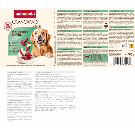 animonda GranCarno Hunde Nassfutter mit Hirsch + Äpfeln (6 x 400 g), getreidefreies Hundenassfutter ohne Zucker, für ausgewachsene Hunde, mit frischen fleischigen Zutaten