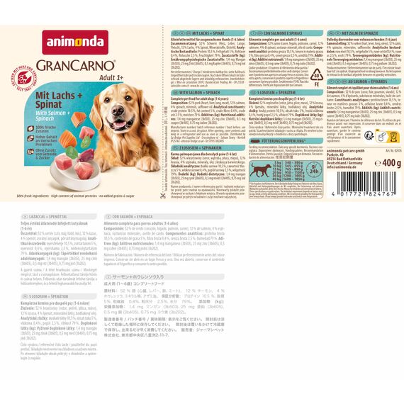 animonda GranCarno Hunde Nassfutter mit Lachs + Spinat (6 x 400 g), getreidefreies Hundenassfutter ohne Zucker, für ausgewachsene Hunde, mit frischen fleischigen Zutaten