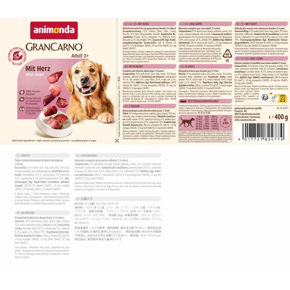 animonda GranCarno Hunde Nassfutter mit Herz (6 x 400 g), getreidefreies Hundenassfutter ohne Zucker, für ausgewachsene Hunde, mit frischen fleischigen Zutaten