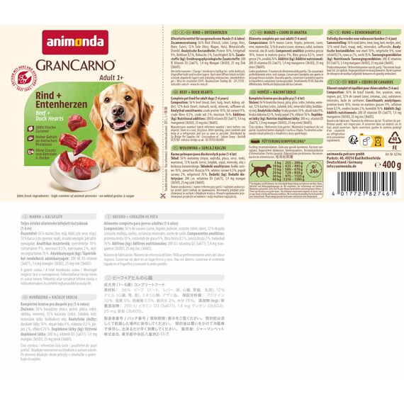 animonda GranCarno Hunde Nassfutter mit Rind + Entenherzen (6 x 400 g), getreidefreies Hundenassfutter ohne Zucker, für ausgewachsene Hunde, mit frischen fleischigen Zutaten