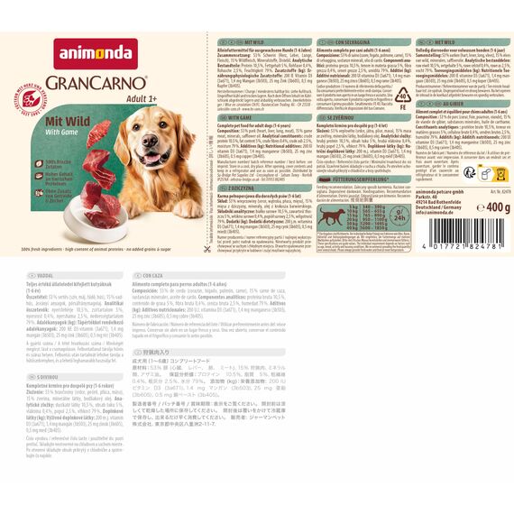 animonda GranCarno Hunde Nassfutter mit Wild (6 x 400 g), getreidefreies Hundenassfutter ohne Zucker, für ausgewachsene Hunde, mit frischen fleischigen Zutaten