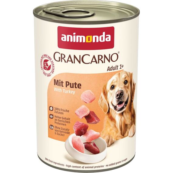 animonda GranCarno Hunde Nassfutter mit Pute (6 x 400 g), getreidefreies Hundenassfutter ohne Zucker, für ausgewachsene Hunde, mit frischen fleischigen Zutaten