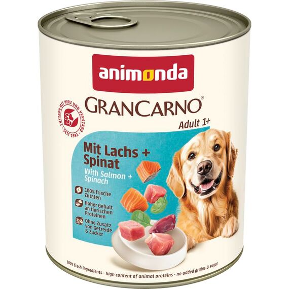 animonda GranCarno Hunde Nassfutter mit Lachs + Spinat (6 x 800 g), getreidefreies Hundenassfutter ohne Zucker, für ausgewachsene Hunde, mit frischen fleischigen Zutaten
