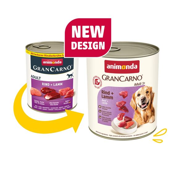 animonda GranCarno Hunde Nassfutter mit Rind + Lamm (6 x 800 g), getreidefreies Hundenassfutter ohne Zucker, für ausgewachsene Hunde, mit frischen fleischigen Zutaten