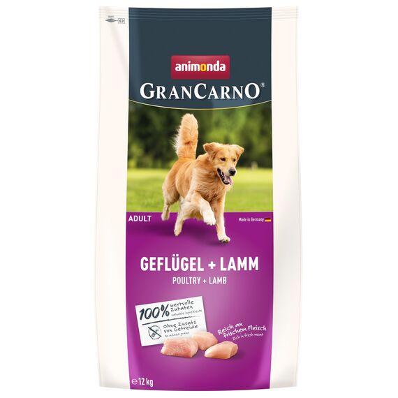 animonda GranCarno Adult Hundetrockenfutter getreidefrei Geflügel + Lamm (1 x 12 kg), Trockenfutter für Erwachsene Hunde ohne Gluten und Weizen, Hundefutter trocken mit hoher Bekömmlichkeit