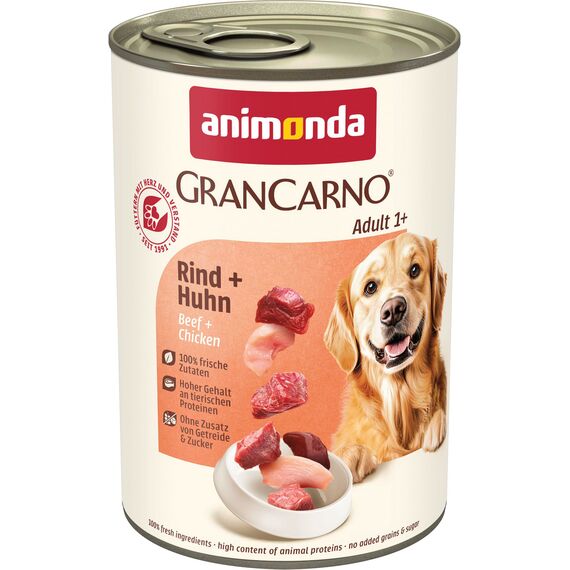 animonda GranCarno Hunde Nassfutter mit Rind + Huhn (6 x 400 g), getreidefreies Hundenassfutter ohne Zucker, für ausgewachsene Hunde, mit frischen fleischigen Zutaten