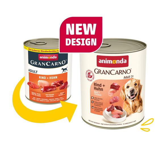animonda GranCarno Hunde Nassfutter mit Rind + Huhn (6 x 800 g), getreidefreies Hundenassfutter ohne Zucker, für ausgewachsene Hunde, mit frischen fleischigen Zutaten